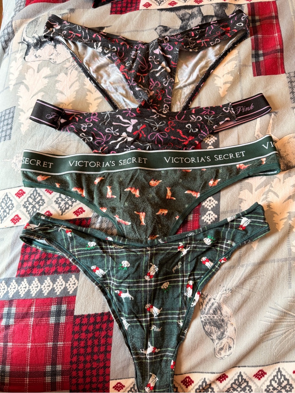 Victoria's Secret Dark Green & Black Printed Thong (3) & Bikini (1)